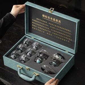 Turquoise high-grade crystal glass Gongfu tea set, new style light luxury household tea cup complete set, office gift box