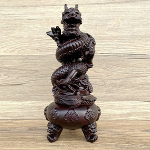 The Ebony Wood Carving Dragon Coiling around the Chinese Dragon Head and Censer Ornament with Treasure Basin, a Wooden Decoration for the Living Room Ornaments