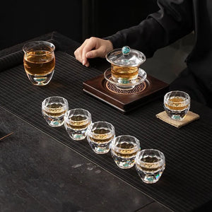 Turquoise high-grade crystal glass Gongfu tea set, new style light luxury household tea cup complete set, office gift box