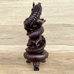 The Ebony Wood Carving Dragon Coiling around the Chinese Dragon Head and Censer Ornament with Treasure Basin, a Wooden Decoration for the Living Room Ornaments