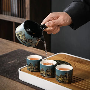 Light luxury automatic tea set with "Thousand Miles of Rivers and Mountains" creative teapot and kung fu tea cups, high-end lazy office teapot.