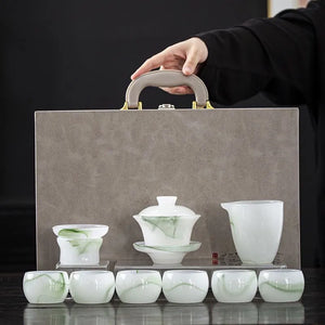 High-end light luxury jade porcelain ink wash glass tea set, kung fu tea cups, office white jade, household and gift-giving covered bowl