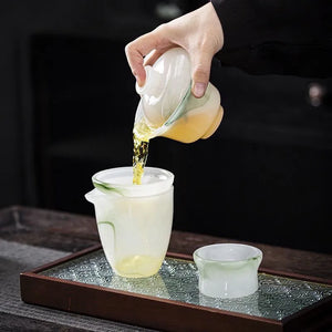 High-end light luxury jade porcelain ink wash glass tea set, kung fu tea cups, office white jade, household and gift-giving covered bowl