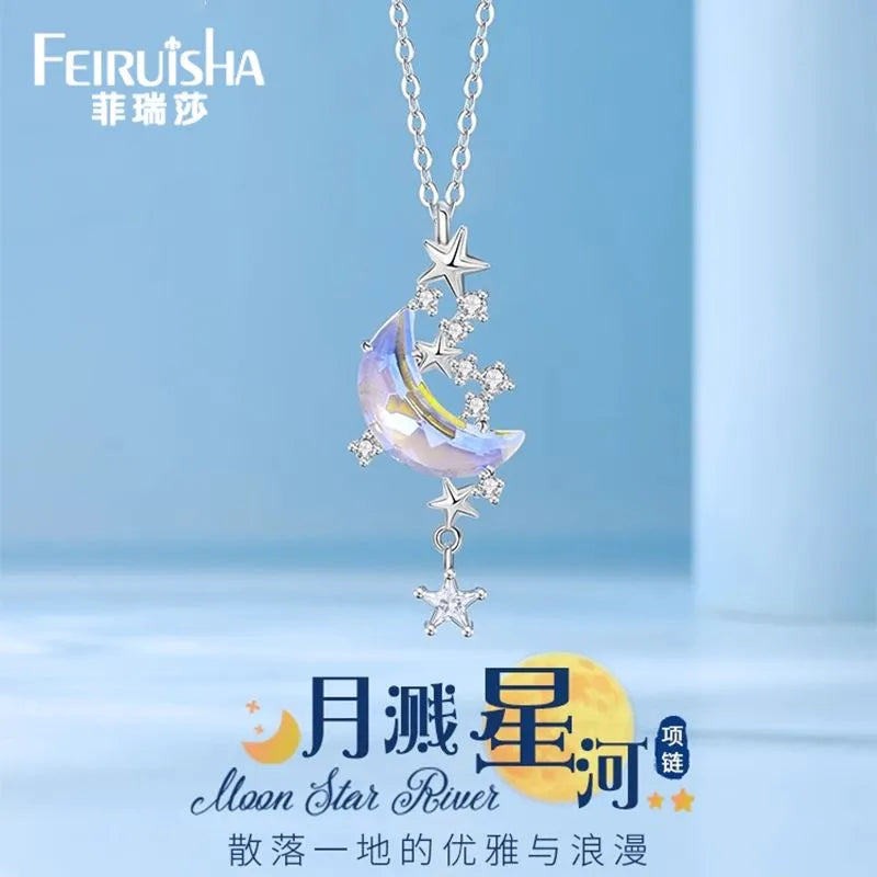 Pure Silver Moon and Starry River Necklace for Women, High-End Luxury, Moon and Star Design, Birthday and Festival Gift for Girlfriend or Best Friend, Collarbone Chain。