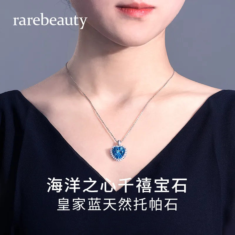 S925 sterling silver ocean heart-shaped collarbone necklace topaz luxury blue pendant romantic