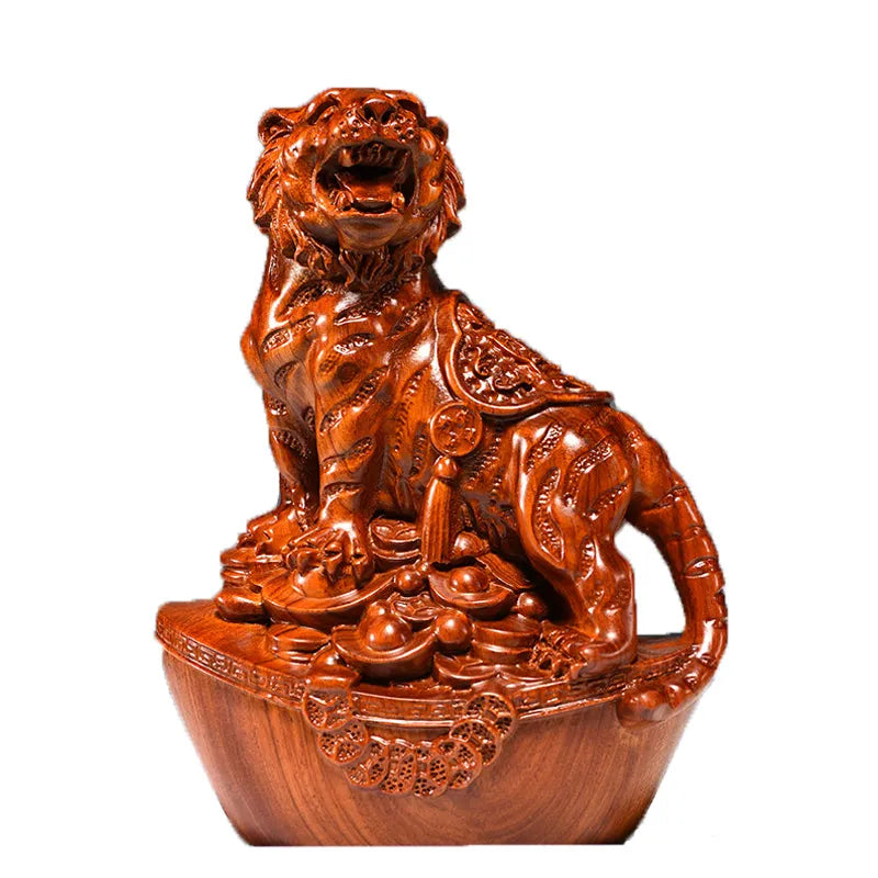 Mahogany carving tiger ornaments, for home decoration in the living room. It's the tiger among the twelve Chinese zodiac animals, which can safeguard the house, attract wealth and serve as tabletop decorations for gifts. They are solid wood handicrafts.