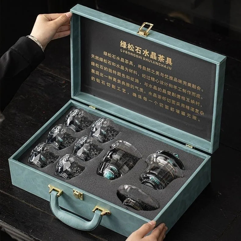 Turquoise high-grade crystal glass Gongfu tea set, new style light luxury household tea cup complete set, office gift box