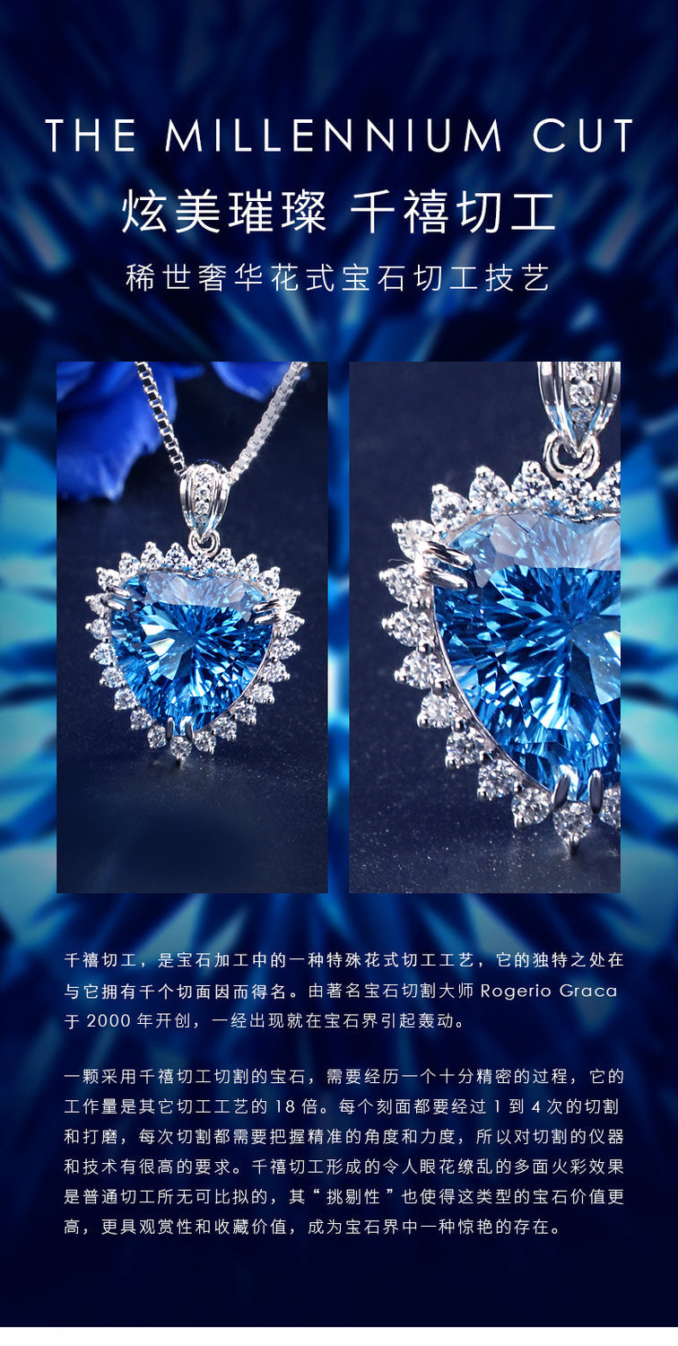 S925 sterling silver ocean heart-shaped collarbone necklace topaz luxury blue pendant romantic
