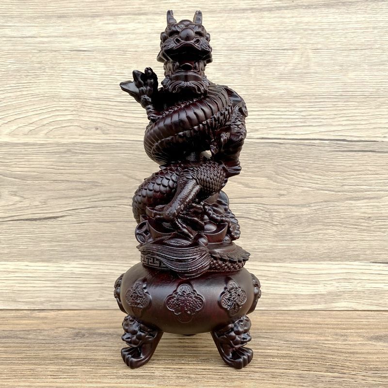 The Ebony Wood Carving Dragon Coiling around the Chinese Dragon Head and Censer Ornament with Treasure Basin, a Wooden Decoration for the Living Room Ornaments