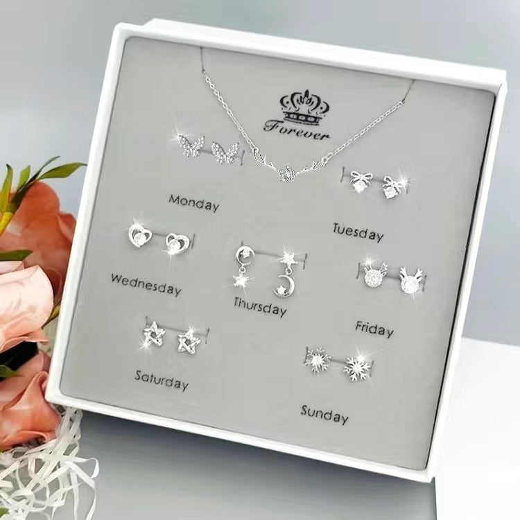 A one-week earring set. 925 sterling silver earrings. A perfect gift for your girlfriend, wife on Valentine's Day, Qixi Festival or for her birthday.