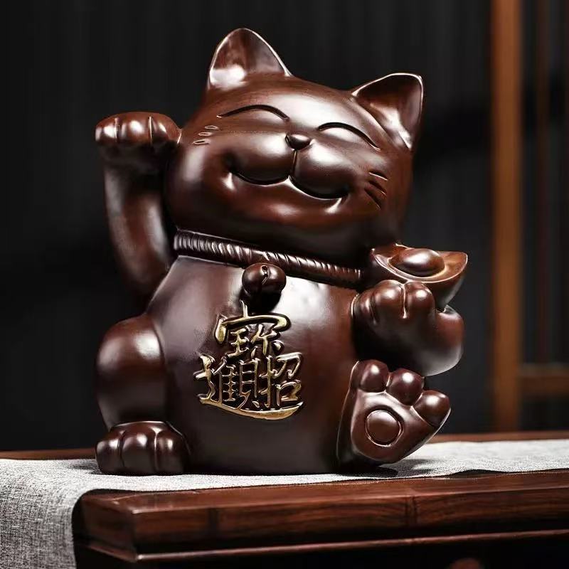 Ebony wood carving ornaments to attract wealth and fortune cat solid wood carving home living room shop opening cash register craft gift Ornaments