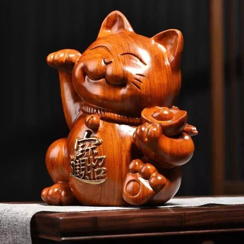 Ebony wood carving ornaments to attract wealth and fortune cat solid wood carving home living room shop opening cash register craft gift Ornaments