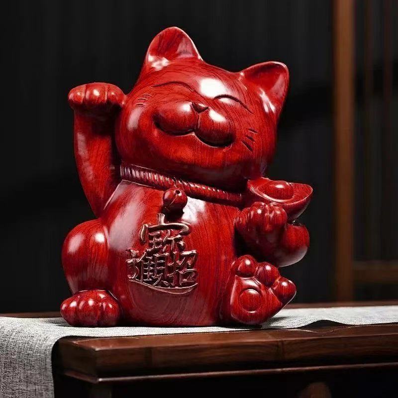 Ebony wood carving ornaments to attract wealth and fortune cat solid wood carving home living room shop opening cash register craft gift Ornaments