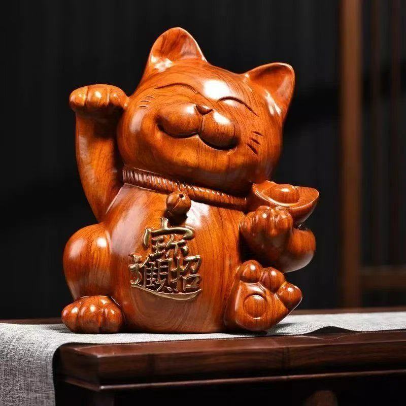 Ebony wood carving ornaments to attract wealth and fortune cat solid wood carving home living room shop opening cash register craft gift Ornaments