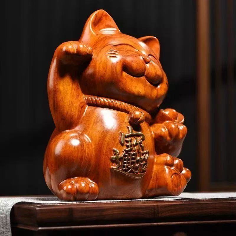 Ebony wood carving ornaments to attract wealth and fortune cat solid wood carving home living room shop opening cash register craft gift Ornaments