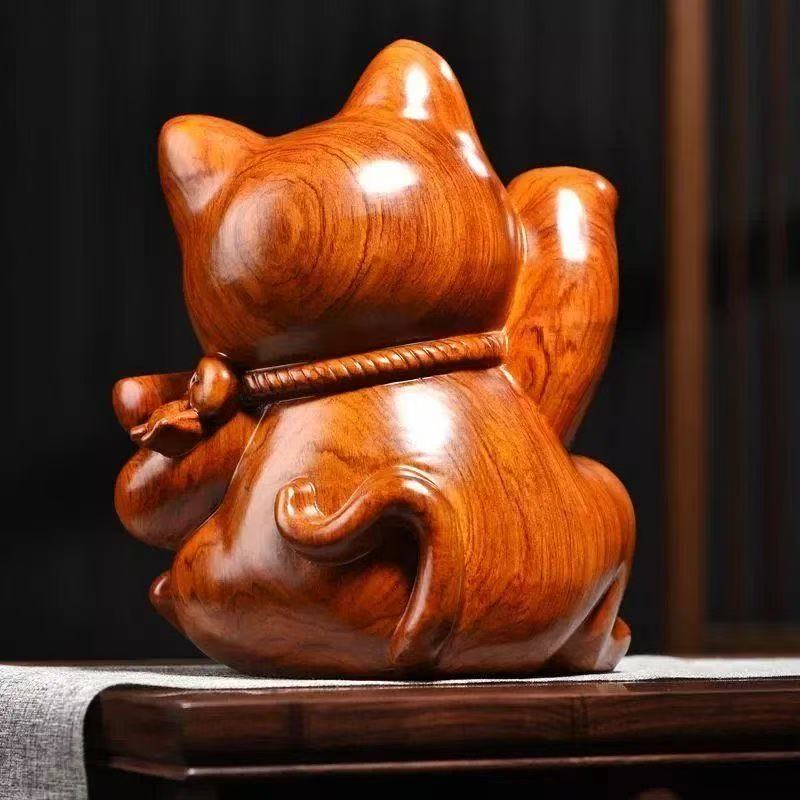 Ebony wood carving ornaments to attract wealth and fortune cat solid wood carving home living room shop opening cash register craft gift Ornaments