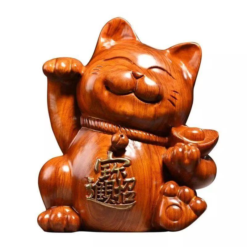 Ebony wood carving ornaments to attract wealth and fortune cat solid wood carving home living room shop opening cash register craft gift Ornaments