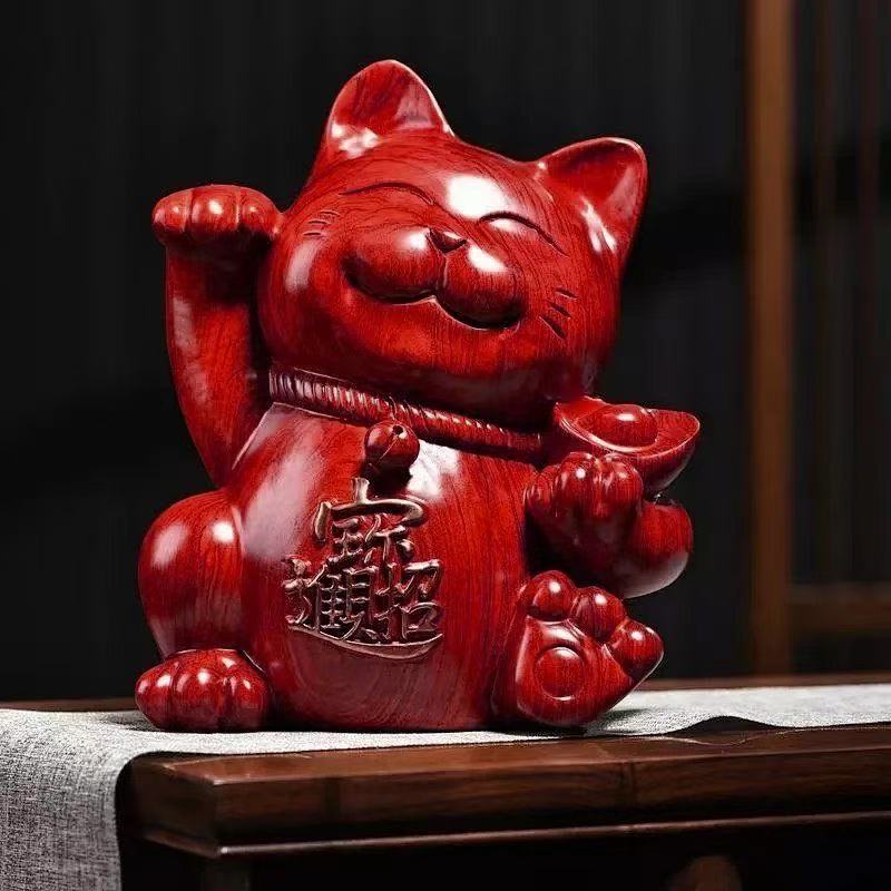 Ebony wood carving ornaments to attract wealth and fortune cat solid wood carving home living room shop opening cash register craft gift Ornaments