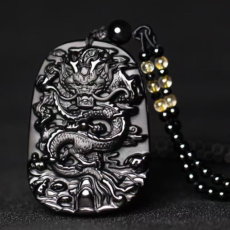 Obsidian Dragon Pendant Men's Domineering Dragon Pendant Good Luck and Fortune Necklace Crystal Jewelry Personalized Gift Ornaments