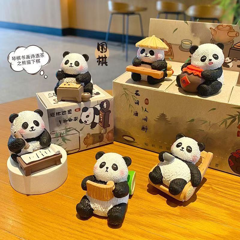 Original national style eight elegant hair flu panda car ornaments cute exquisite fashion resin doll desktop decorations