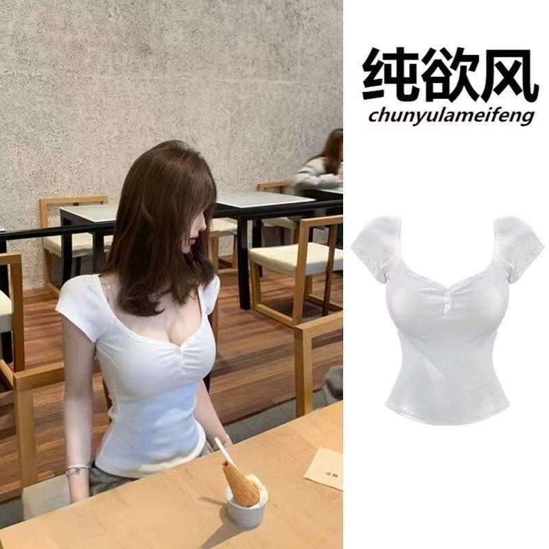 Square collar pure desire hot girl short-sleeved T-shirt female summer 2025 new pure waist slimming top