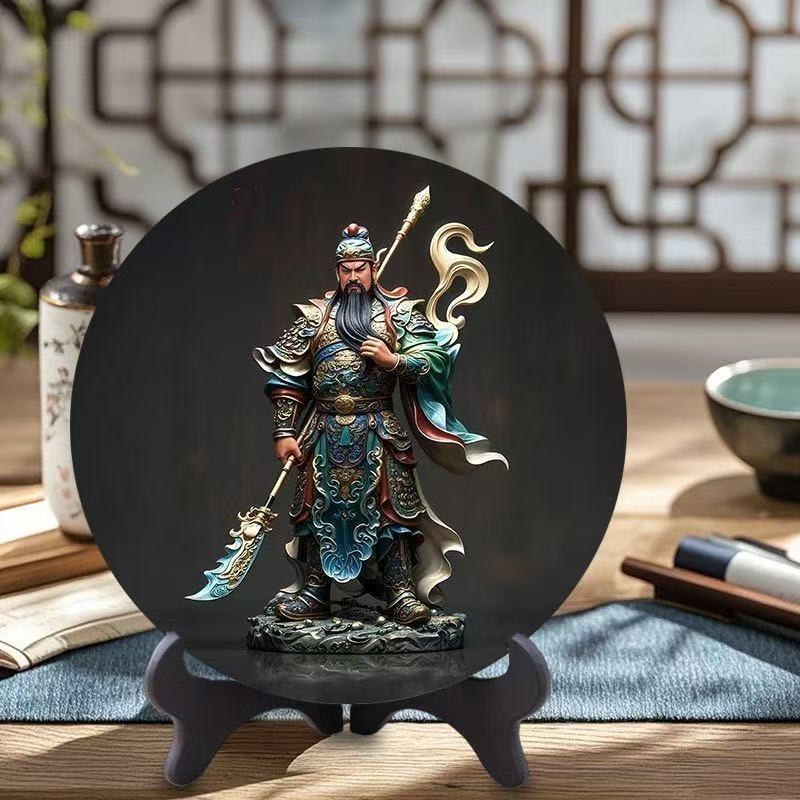Traditional Chinese Style 3D Guan Yu Art Disc Frame Bedroom, Study, Cabinet Display Home Protection & Wealth Attraction Perfect Gift for Friends and Elders