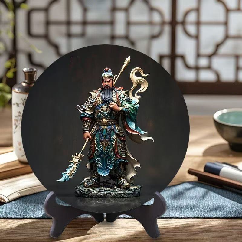 Traditional Chinese Style 3D Guan Yu Art Disc Frame Bedroom, Study, Cabinet Display Home Protection & Wealth Attraction Perfect Gift for Friends and Elders