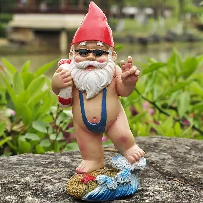 Swimming Ring Surfing Garden Gnome Statue Resin Craft Funny White-Bearded Dwarf Outdoor Decorative Craft