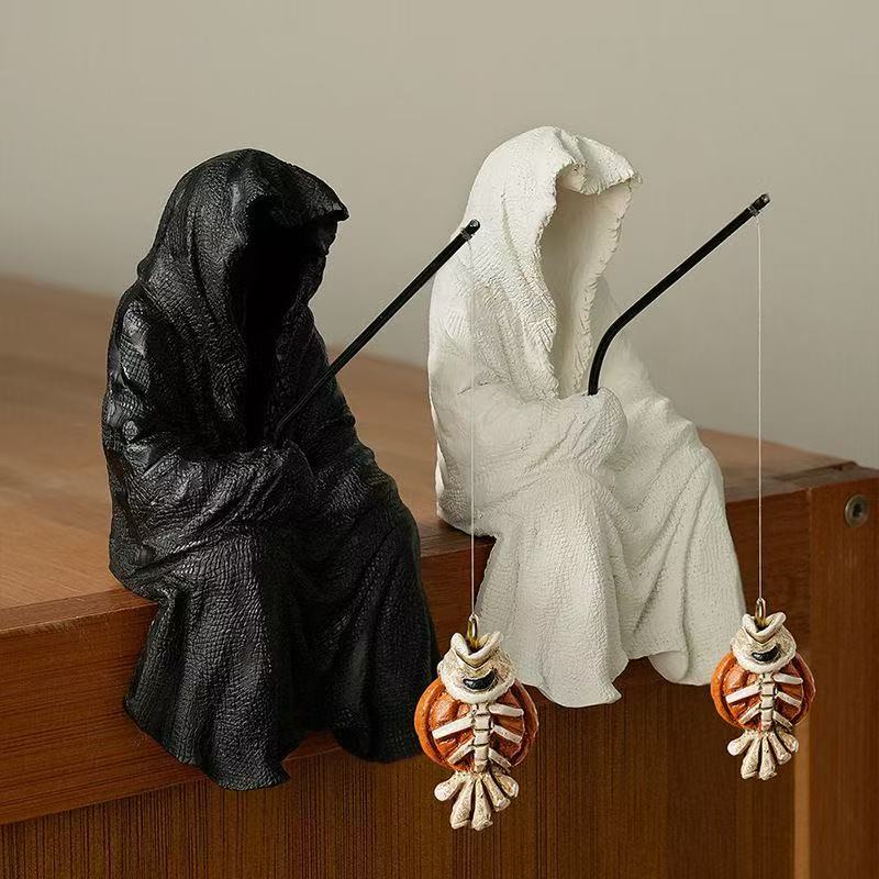 Ghost Fishing Witch Resin Art Figurine Halloween Decorations Home Desktop Display Luxury Dark Style