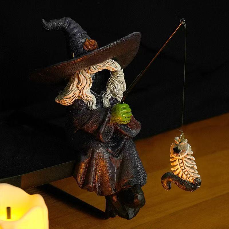 Ghost Fishing Witch Resin Art Figurine Halloween Decorations Home Desktop Display Luxury Dark Style