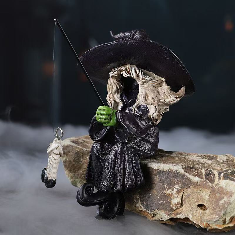 Ghost Fishing Witch Resin Art Figurine Halloween Decorations Home Desktop Display Luxury Dark Style