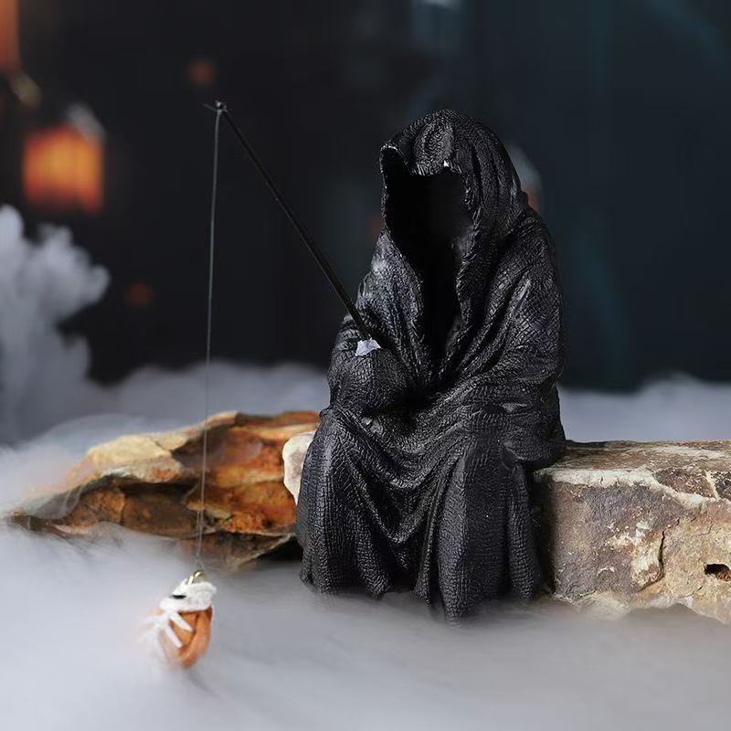 Ghost Fishing Witch Resin Art Figurine Halloween Decorations Home Desktop Display Luxury Dark Style