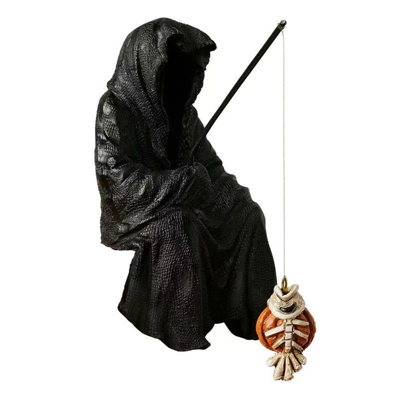 Ghost Fishing Witch Resin Art Figurine Halloween Decorations Home Desktop Display Luxury Dark Style