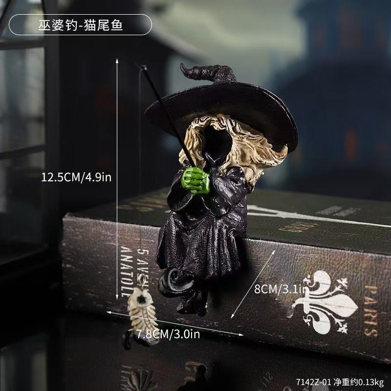 Ghost Fishing Witch Resin Art Figurine Halloween Decorations Home Desktop Display Luxury Dark Style