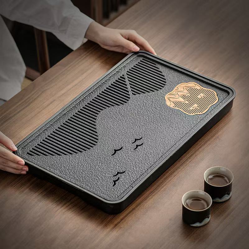 Compact Tea Tray Home Tea Tray New Arrival High-End Living Room Imitation Black Jade Stone Tea Bowl Tea Set Dry-Brewing Mini Tea Station