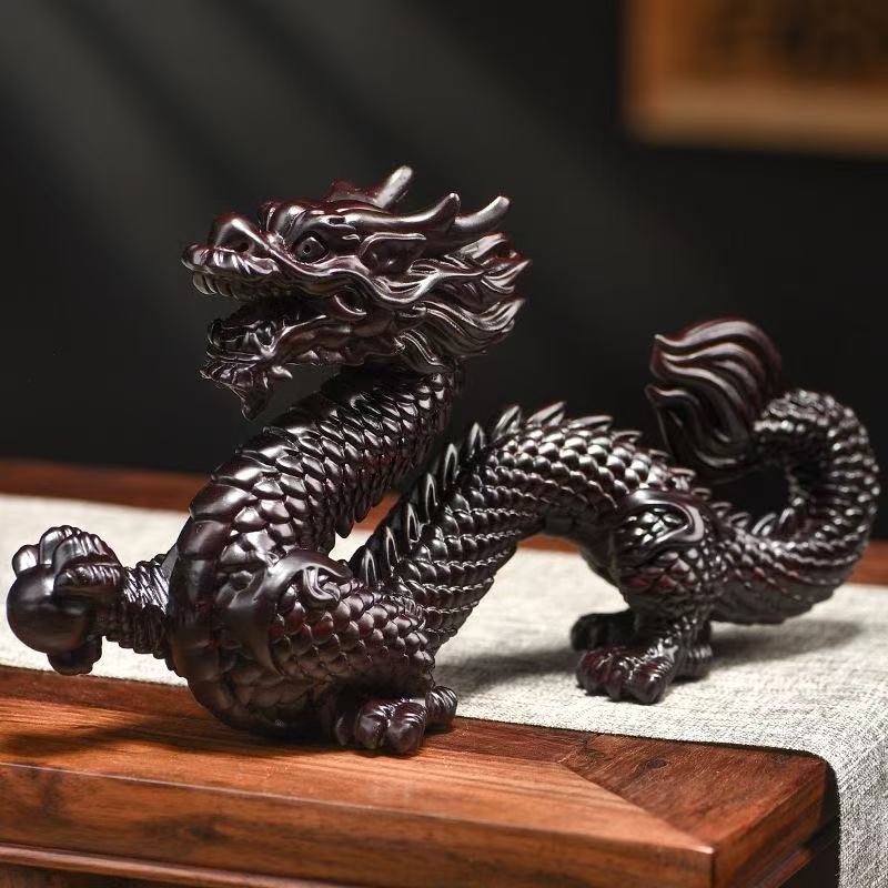 Ebony carved dragon ornament with base solid wood five-clawed dragon craft gift housewarming opening birthday gift