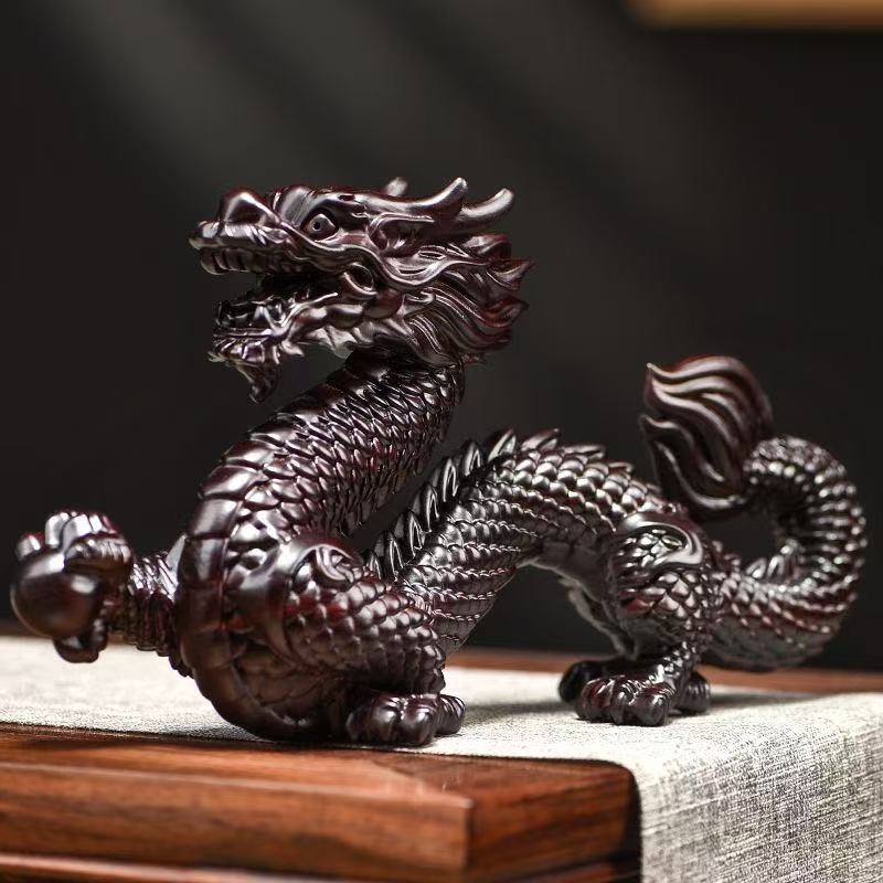 Ebony carved dragon ornament with base solid wood five-clawed dragon craft gift housewarming opening birthday gift