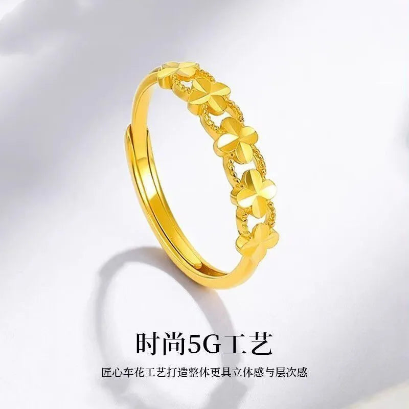 999 Pure Gold Ring for Women. The Carved Flower Four-Leaf Clover Ring shines brightly. It's an adjustable gold finger ring, a perfect gift for your girlfriend.