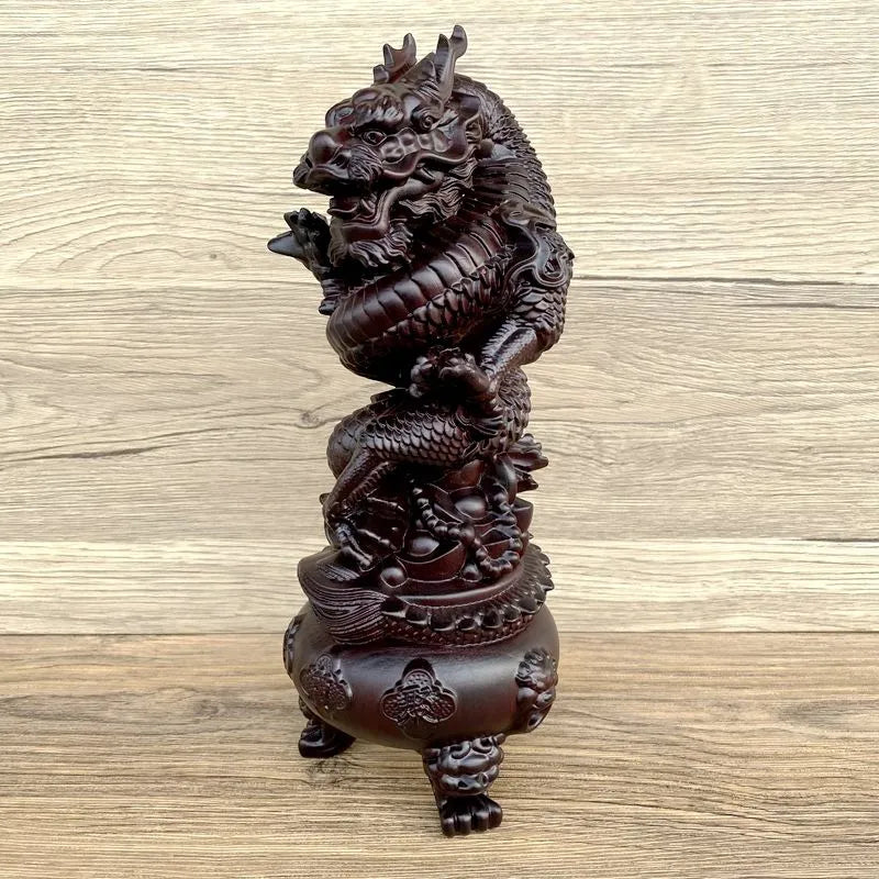 The Ebony Wood Carving Dragon Coiling around the Chinese Dragon Head and Censer Ornament with Treasure Basin, a Wooden Decoration for the Living Room Ornaments