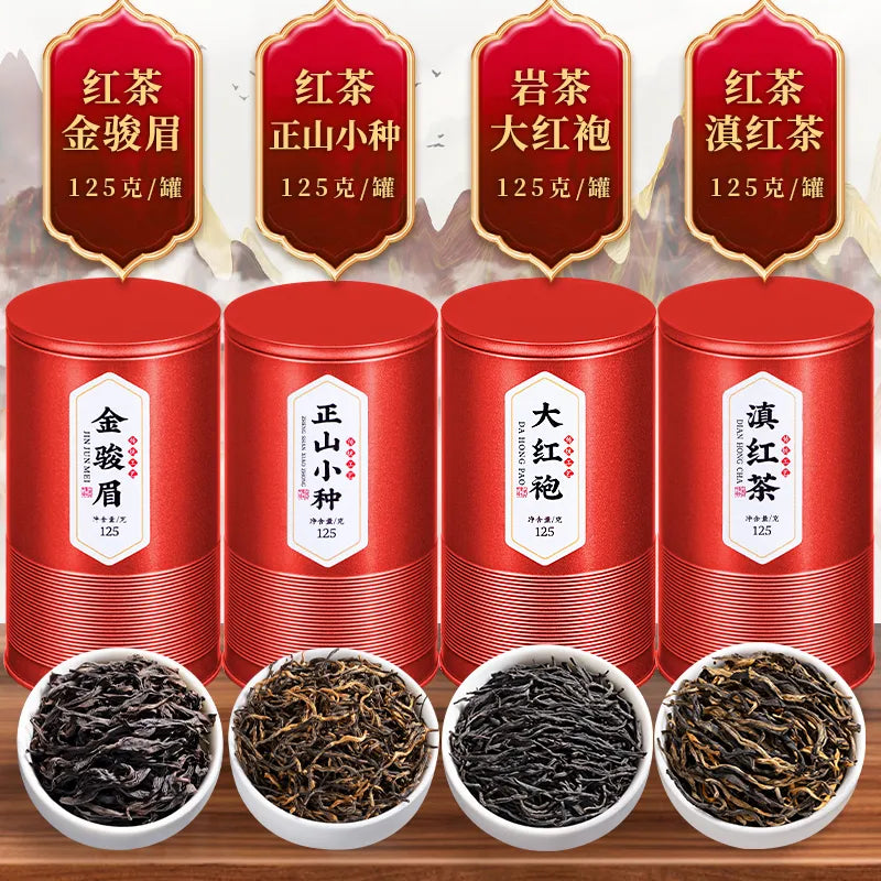 500g Strong Aroma Tea Gift Box of Four Famous Black Teas - Jin Jun Mei, Lapsang Souchong, Yunnan Black Tea, Oolong Tea and Dahongpao。