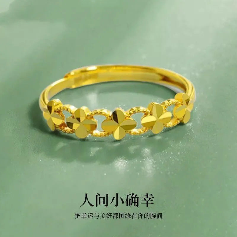 999 Pure Gold Ring for Women. The Carved Flower Four-Leaf Clover Ring shines brightly. It's an adjustable gold finger ring, a perfect gift for your girlfriend.