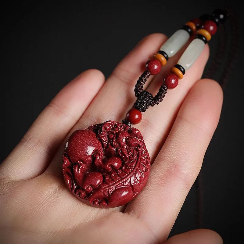 Fortune - enhancing and Wealth - attracting Cinnabar Pixiu Pendant. The responsive Pixiu hanging ornament is a lucky - turning accessory suitable for both men and women, made of purple cinnabar Ornaments