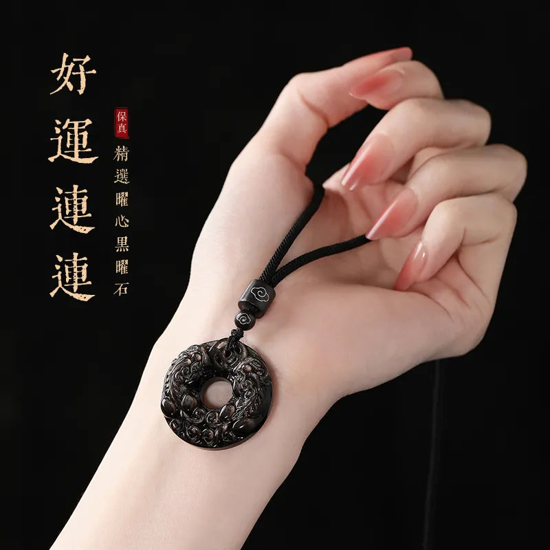 Natural Obsidian Double - sided Pixiu Peace - buckle Pendant, suitable for men's necklaces and women's crystal - adorned hanging ornaments