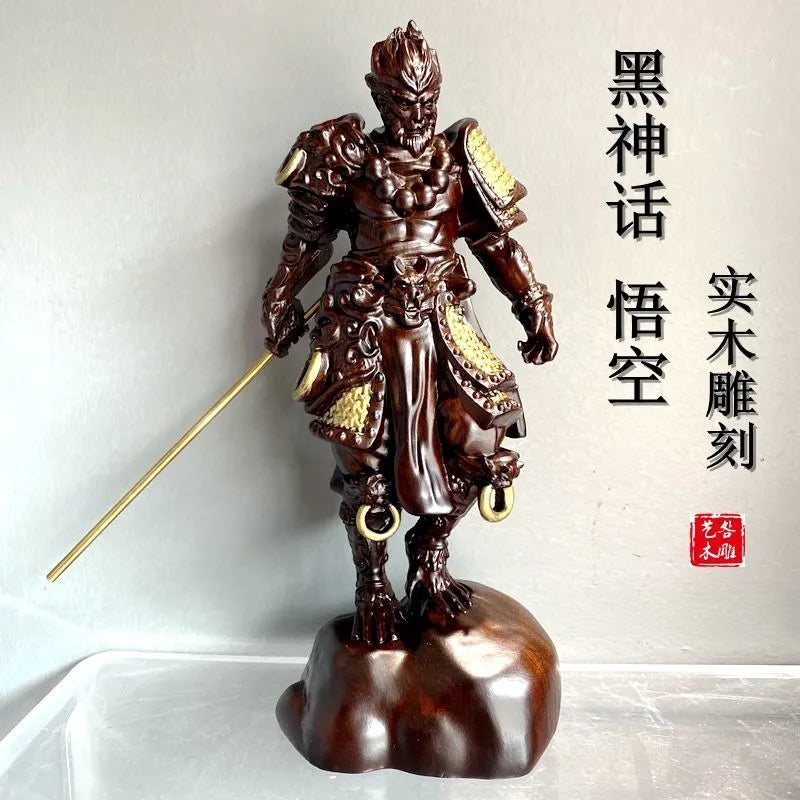 A Black Myth: Wukong ornament carved from ebony wood, which is a real wood carving of the Great Sage Equalling Heaven, Sun Wukong, can be used as an office decoration or a gift.
