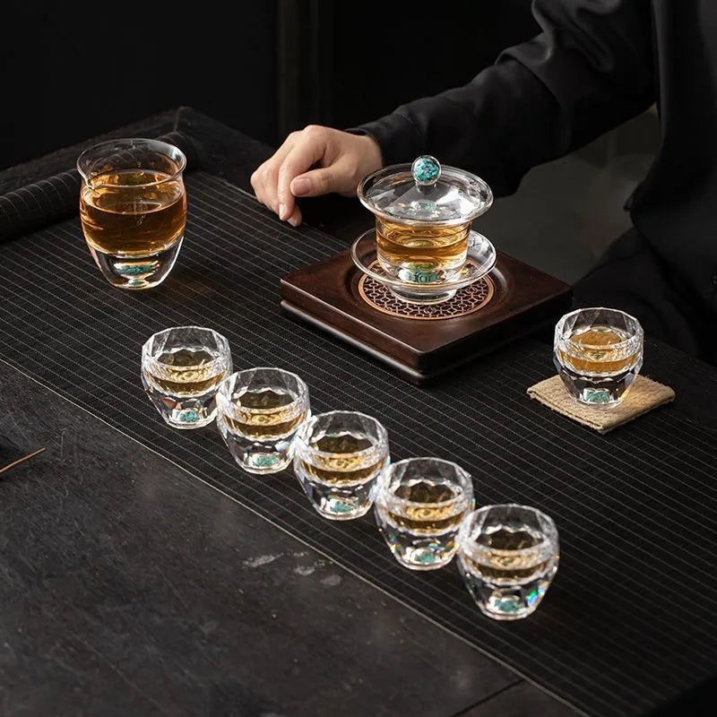 Turquoise high-grade crystal glass Gongfu tea set, new style light luxury household tea cup complete set, office gift box