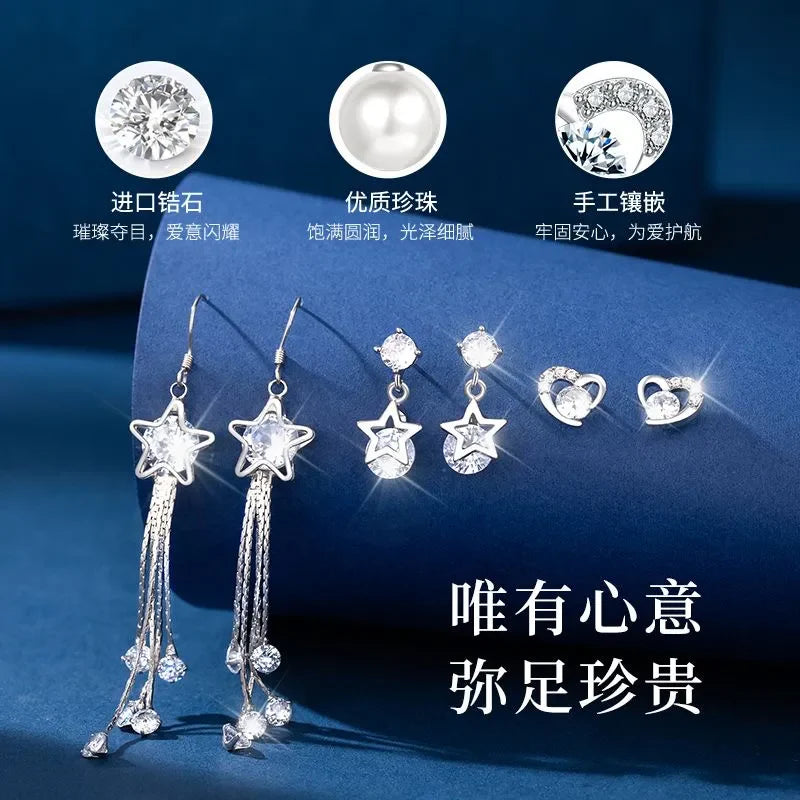 A one-week earring set. 925 sterling silver earrings. A perfect gift for your girlfriend, wife on Valentine's Day, Qixi Festival or for her birthday.