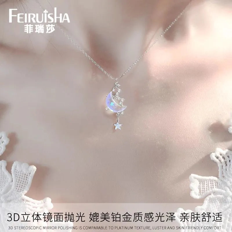 Pure Silver Moon and Starry River Necklace for Women, High-End Luxury, Moon and Star Design, Birthday and Festival Gift for Girlfriend or Best Friend, Collarbone Chain。