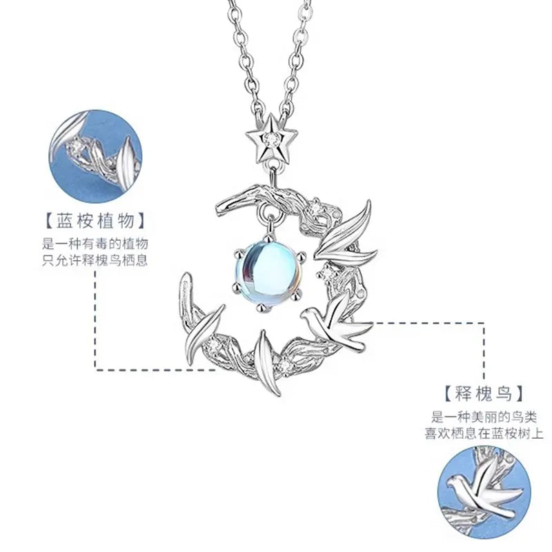 S999 Sterling Silver Eucalyptus globulus and Bird Necklace. This