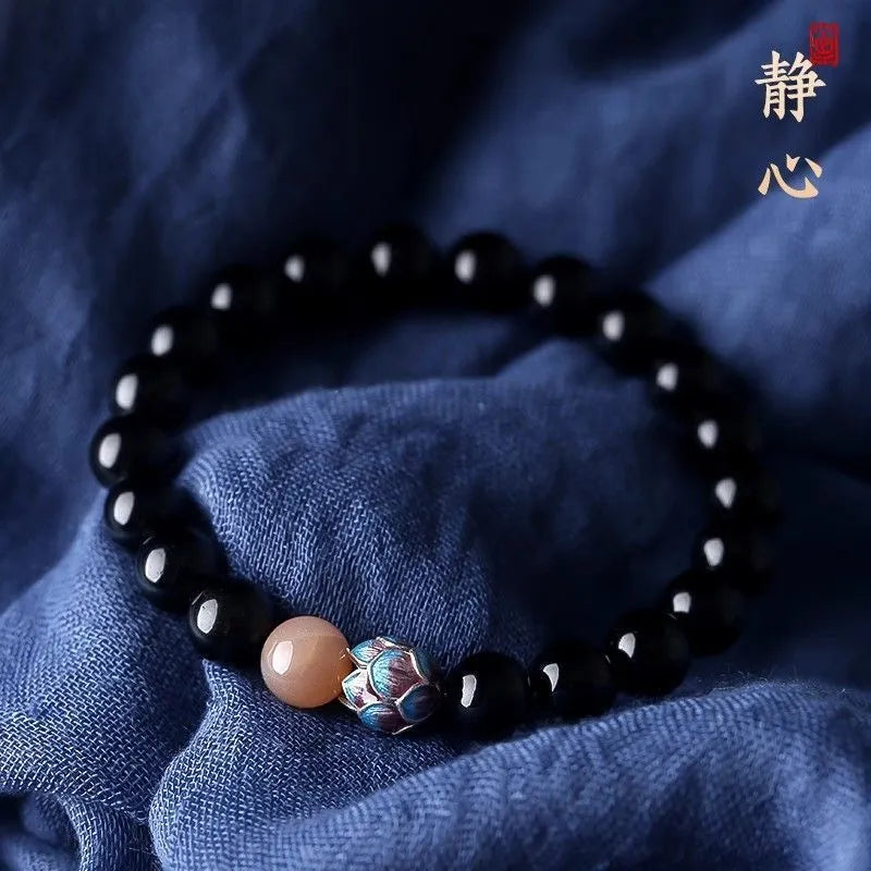 Natural Obsidian Meditation Bracelet, Lotus Beaded Bracelet, Buddhist Beads, Beads Stringing Ornaments, Gifts, Hand Accessories for Men and Women Ornaments