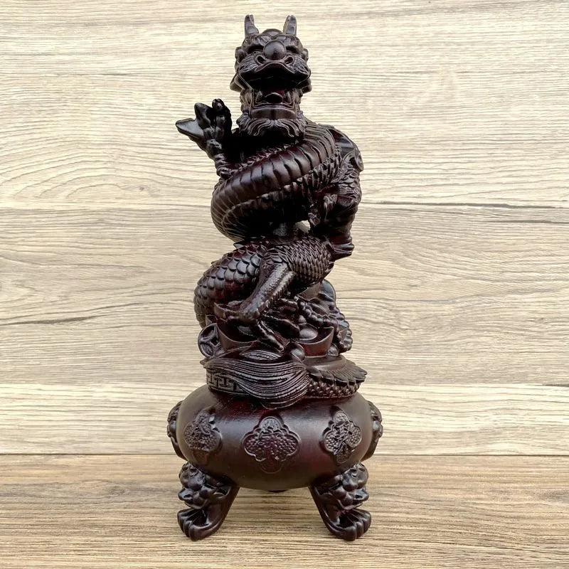 The Ebony Wood Carving Dragon Coiling around the Chinese Dragon Head and Censer Ornament with Treasure Basin, a Wooden Decoration for the Living Room Ornaments